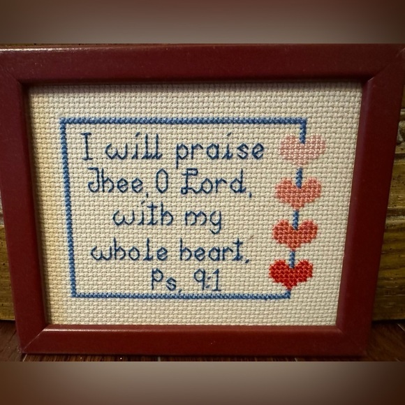 Psalm 9:1 Cross Stitched Framed Bible Verse I Will Praise Thee with Whole Heart - Picture 1 of 2